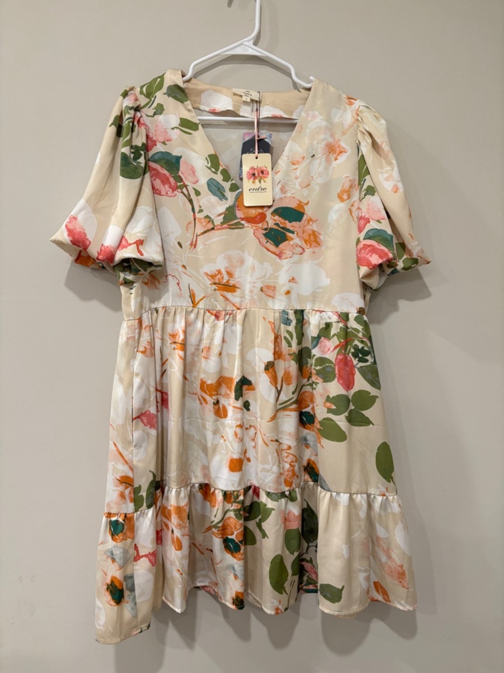 Entro Women’s L Floral Tiered V-Neck Mini Dress in Cream & Green Balloon Sleeve